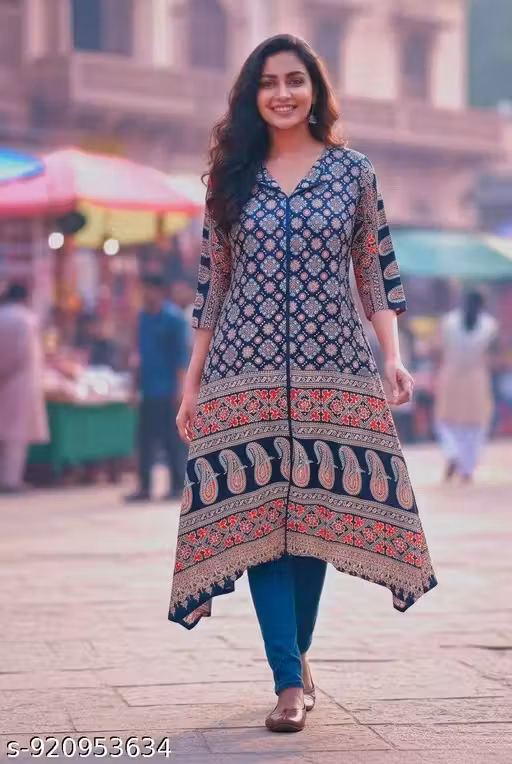 TRENDING VISCOSE REYON FABRIC KURTI WITH AJARAK PRINT WITH BEAUTIFULL FLARED KURTI