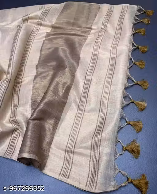 Art Silk Zari Cotton Linen Weaving Design Saree With Tassels And Latkan