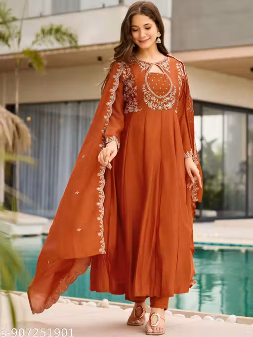 Elegant Embroidery Vichitra Silk Kurta Set with Designer Dupatta – Perfect for Wedding Receptions