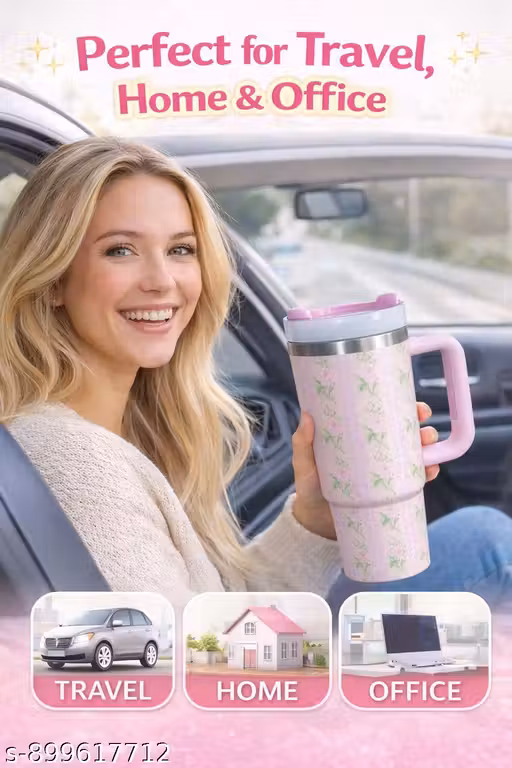 Premium 40oz Floral Print Insulated Tumbler with Handle and Straw – Double-Wall Vacuum Stainless Steel Travel Mug for Hot & Cold Drinks