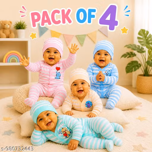 Newborn Baby Boys & Girls Soft Cotton Striped Full Sleeve Romper Suit with Matching Cap