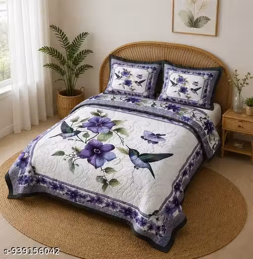 Premium King Size 7D Printed Bedsheet with Pillow Covers | Purple Flower & Bird Bed Sheet