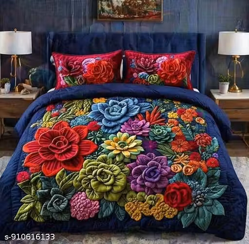 Designer Quilted Bedsheet 90x100 Inch | Heavy Floral Printed Bed Cover for Bedroom Décor