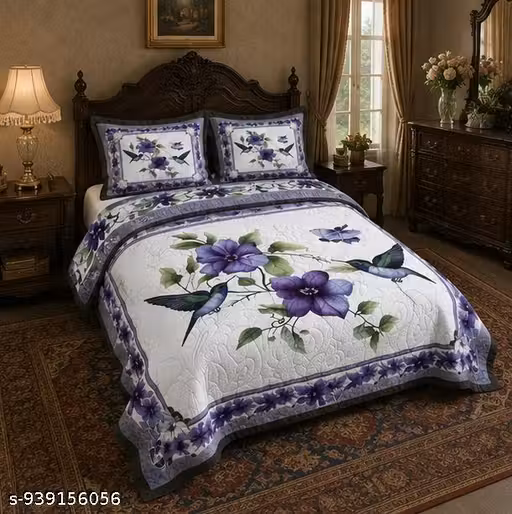 Premium King Size 7D Printed Bedsheet with Pillow Covers | Purple Flower & Bird Bed Sheet