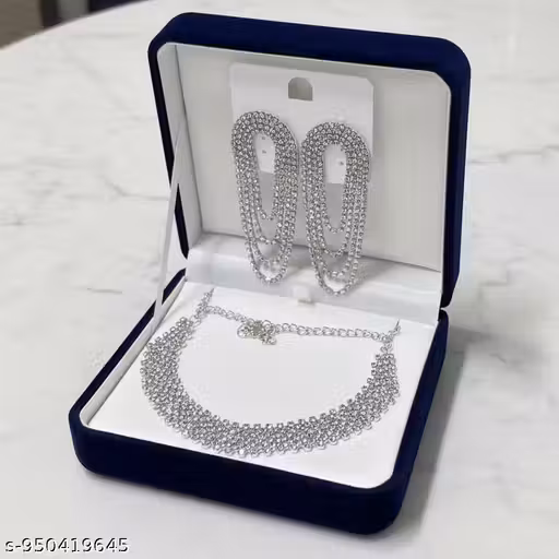 Premium American Diamond Necklace Set with Earrings for Women | Silver AD Jewellery Set | Party Wear Jewellery