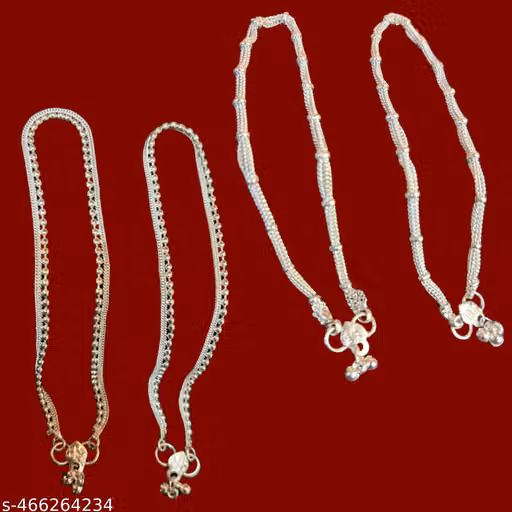 Silver Plated Anklets Pair & 22 inches Long Gold Plated Chain Stylish Women's and Girls' Jewelry Set
