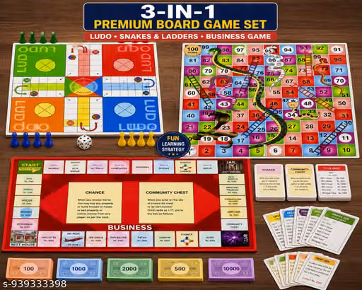 3 in 1 Board Game Set | Ludo, Snakes & Ladders & Business Game Combo