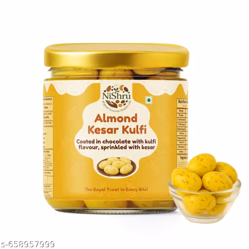 NiShru Almond Kesar Kulfi 150 Gram – Chocolate Coated Almonds | Rich Kulfi & Saffron (Kesar) Flavoured Sweet Nut Snack