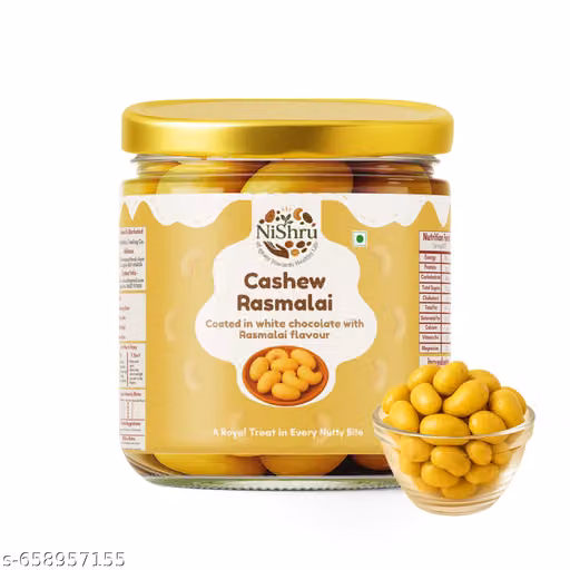 NiShru Cashew Rasmalai 150 Gram – Premium Rasmalai Flavoured Roasted Cashews | Sweet & Creamy Saffron Nut Snack | Chocolate-Coated Crunch