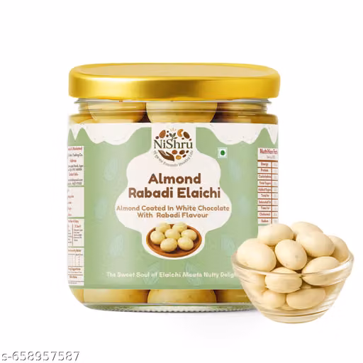 NiShru Almond Rabadi Elaichi 250 Gram – Chocolate Coated Almonds | Creamy Rabadi & Elaichi Flavoured Sweet Nut Snack