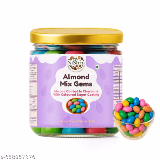 NiShru Almond Mix Gems 100 Gram – Chocolate Coated Almonds with Colorful Candy Gems | Crunchy Sweet Nut Snack | Kids Party Treat