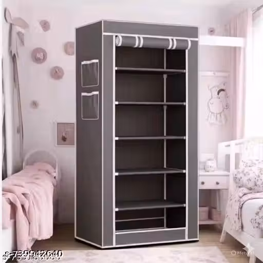 Portable Foldable Fabric Wardrobe with Shelves | Grey Storage Cabinet Organizer for Clothes & Home Use