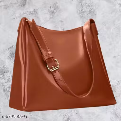 Women's Tote Bag, Brown, Glossy Faux Leather, Shoulder Handbag with Gold Buckle Strap (Tan)