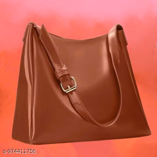 Women's Tote Bag, Glossy Faux Leather, Shoulder Handbag with Gold Buckle Strap (Tan)