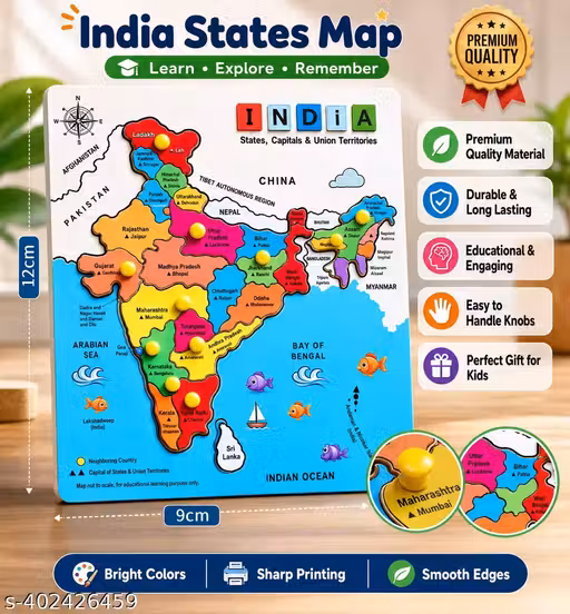 Wooden India Map Puzzle Board | States & Capitals Learning Toy for Kids