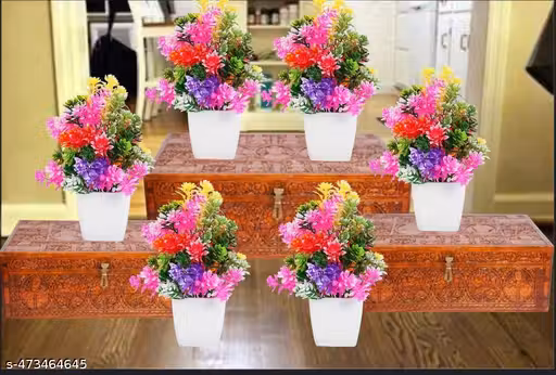 TRUE SHINE : SET OF 6 Plastic Artificial MULTICOLOUR Plants Mini Plants, Small Eucalyptus Potted Faux Decorative Grass Plant Pot for Home Decor, Indoor, Office, Desk, Shelf, Table Decoration
