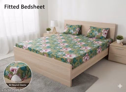 New trending Soft touch All around elastic Fitted Double Bedsheet with two pillow cover and Single Bedsheet with a pillow cover in Green Design and Flowers.