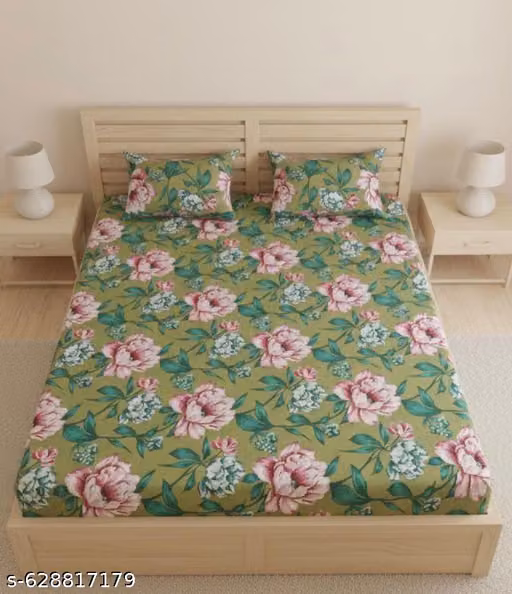 Super Soft Glace Cotton All Round Elastic Fitted Double Bed Bedsheet with 2 Pillow Covers-72x78x8 Inches-fitted. ( 1 pillow cover with single bedsheet)