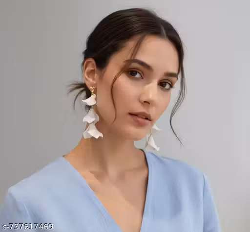 White Layered Floral Drop Earrings with Gold Heart Stud | Elegant Lightweight Statement Earrings for Women