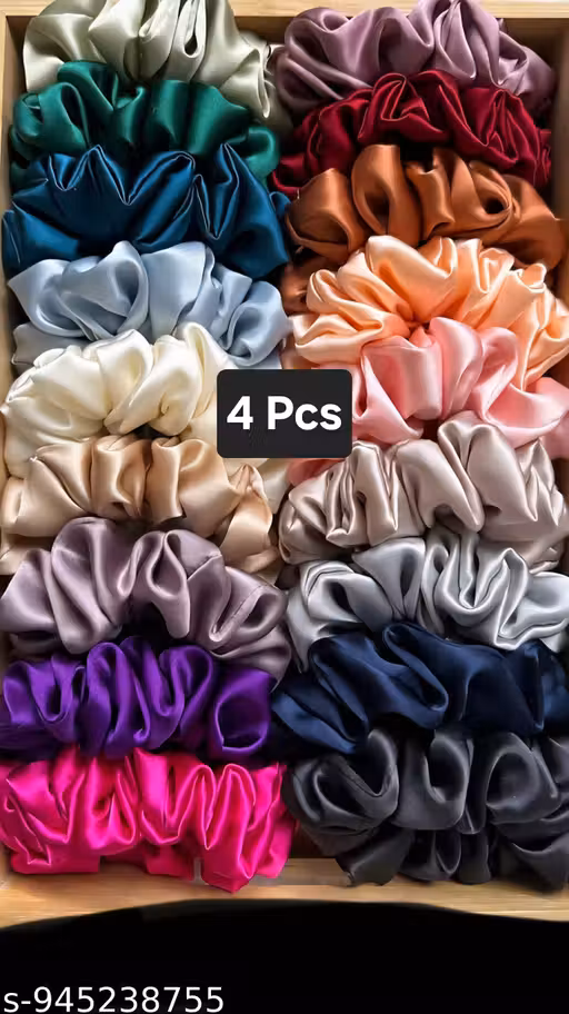 Premium Silk Satin MEDIUM Scrunchies (Pack of 4) Rubber Band (Multicolor)