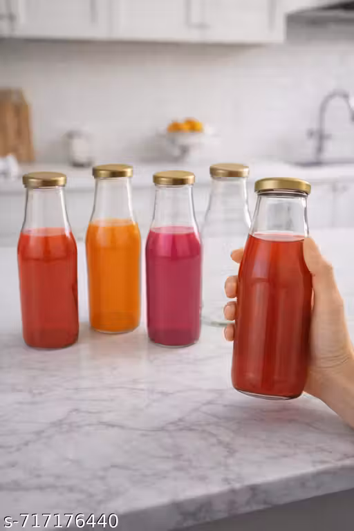 Transparent Glass Bottles for Milk, Water, Juice & Beverages | Leak-Proof Airtight Golden Lid | Reusable BPA-Free Fridge Storage Glass Jars for Kitchen, Home & Office Use | Pack of 6, 300 ml