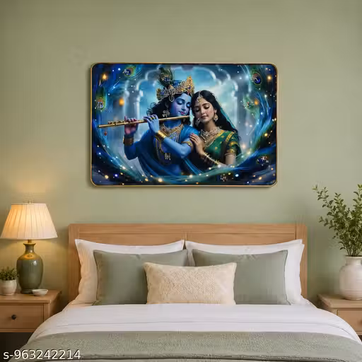 Premium Radha Krishna Wall Painting for Living Room & Bedroom | HD Printed Decorative Wall Art Frame | Spiritual Home Decor Painting | Multicolor Religious Artwork | Ready to Hang(12×18)