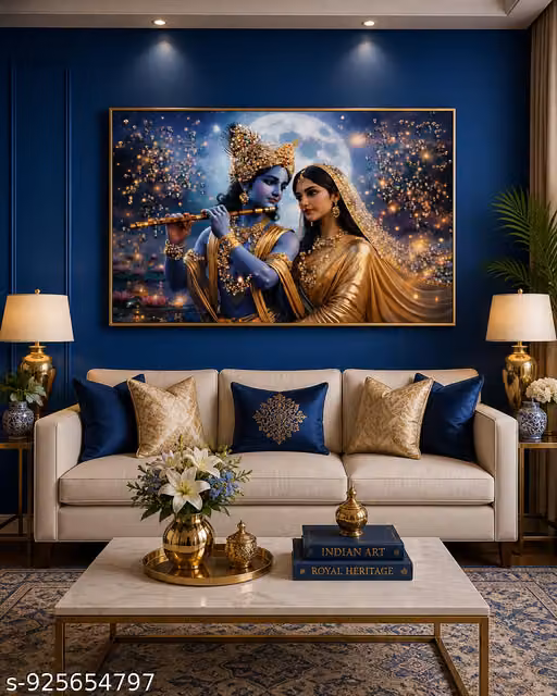 Radha Krishna Large Framed Painting," "Spiritual Canvas Art Gold Frame," "Devotional Wall Decor Canvas."
