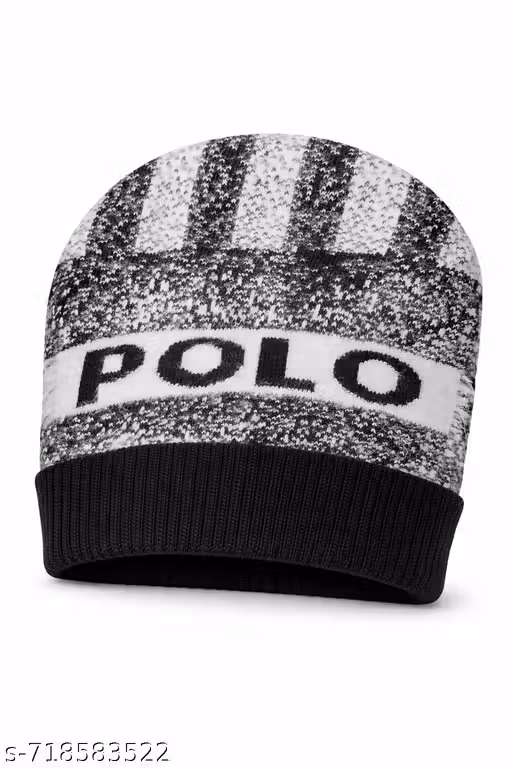Unisex Woolen Winter Beanie Cap | Warm Knitted Skull Cap for Men & Women | Soft Stretchable Winter Cap (Black & White)
