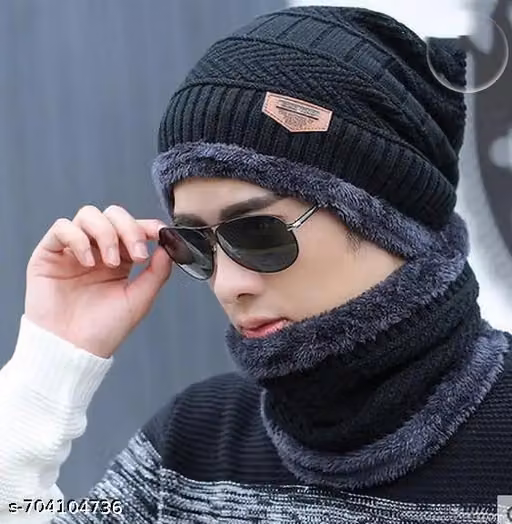 Winter Woolen Beanie Cap with Fleece Fur Lining + Neck Warmer Muffler Set | Unisex | Black