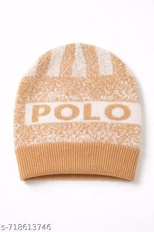 Unisex Woolen Winter Beanie Cap | Warm Knitted Skull Cap for Men & Women | Soft Stretchable Winter Cap (Beige & White)
