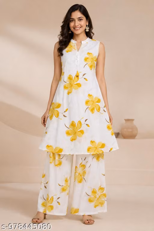 Vistraa Women Floral Printed Sleeveless A-Line Frock Kurti Palazzo Co-Ord Set with Side Pocket, Tassel Detail, V-Neck, Casual Daily Wear Ethnic Outfit for Women (White & Yellow)
