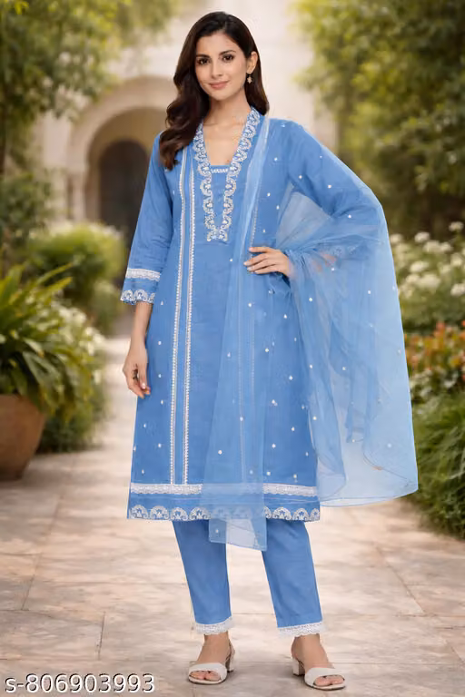 Women's Sky Blue Pakistani Style Embroidered Kurta Pant Dupatta Set | Elegant Ethnic Straight Suit
