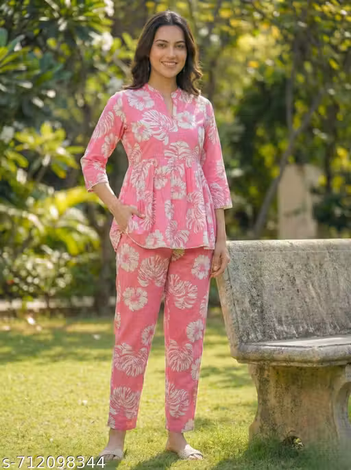 Women Cotton Printed Co-Ord Set | Pink Floral Top & Pant Set | Casual Daily Wear | Summer Wear