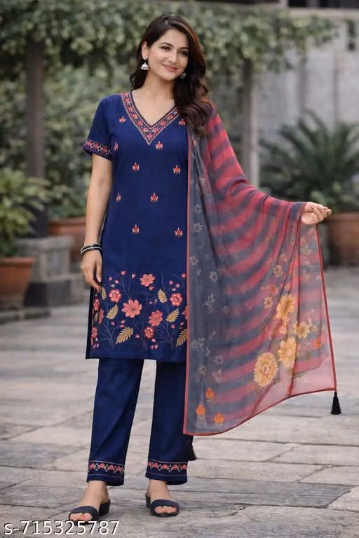 VISTRAA Women's Navy Blue Rayon Floral Embroidered Straight Kurta with Pant & Designer Dupatta Set | Party Wear Ethnic Suit