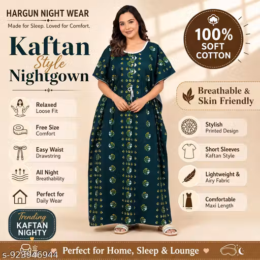 HARGUN Night Wear Women Cotton Kaftan Nighty | Loose Fit Maxi Night Gown | Printed Short Sleeve Nightdress with Drawstring & Pocket | Soft Breathable Lounge Wear