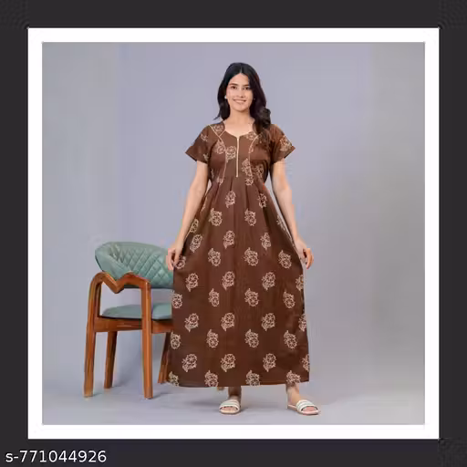 HARGUN NIGHT WEAR Women Pure Cotton Semi Frock Style Nighty with Front Zipper & Adjustable Waist Tie – Dark Color Comfortable Daily Wear Nightgown (XL)