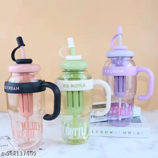 Ice Cream Shape Plastic Water Bottle with Handle & Straw | Leakproof Reusable Sipper Bottle for Kids & Adults | Cute Ice Cream Cup Design | 1400ml (Approx.)