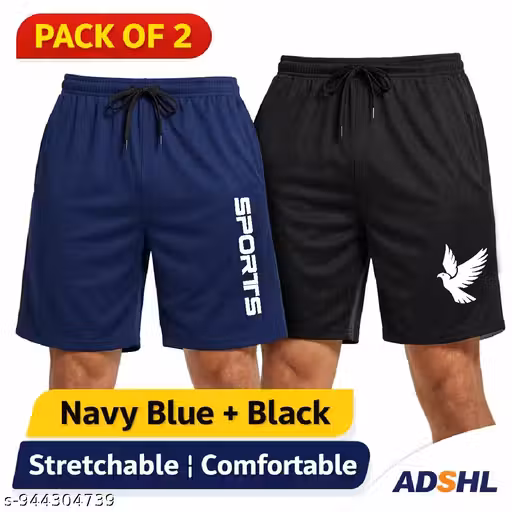 Men's Sports Shorts Combo Pack of 2 (Black & Navy Blue) | Polyester Quick Dry Gym, Running & Workout Shorts with Elastic Waist