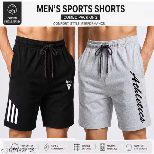 Men's Cotton Single Jersey Sports Shorts Combo Pack of 2 – Soft, Breathable Gym & Running Shorts with Drawstring