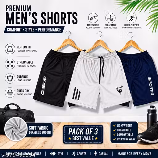 ADSHL Men’s Premium Quick-Dry Sports Shorts Combo Pack (Pack of 3) – Lightweight Breathable Gym, Running & Casual Wear Shorts