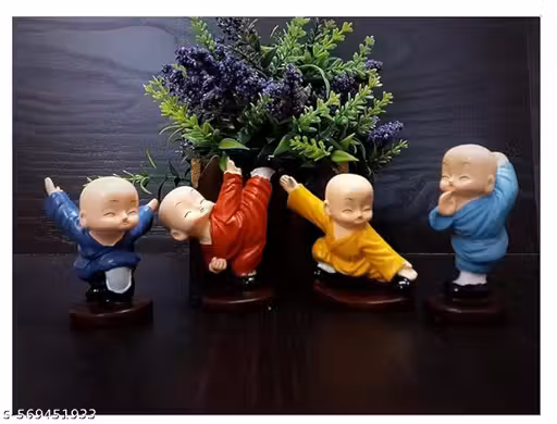 MA Unique, Synthetic Resin Buddha Monk Statues, Small, Decorative Showpiece, Perfect for car Dashboard, Little Baby Monk, Buddha Set of 4 Pcs, Lord Buddha Idol (Latest Karate Monk)