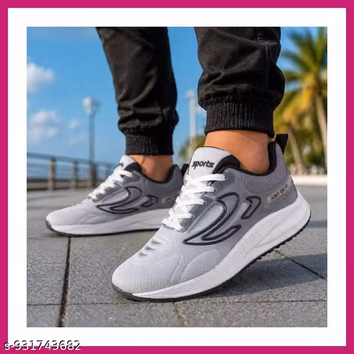 Men Grey White Sports Sneakers | Lace Up Mesh Running Shoes | Casual Walking Gym Training Footwear for Men