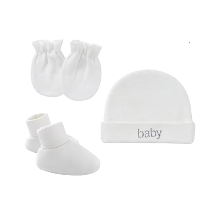 New Born Baby Cotton Caps Booties Mittens Combo Set