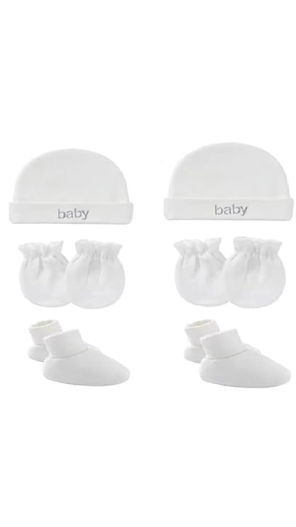 Baby Soft Cotton Mittens Caps and Booties Gift Set for New Born Baby Pack of 2 White