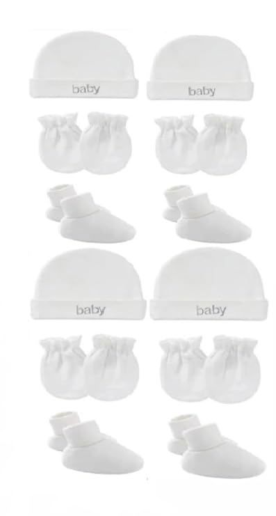 New Born Baby Cotton Caps, Booties, Mittens Combo Set, 0-3 Months, White