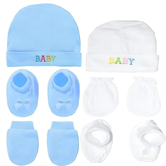 New Born Baby Cotton Caps Booties Mittens Combo Set (White,Blue 0-3 Months)