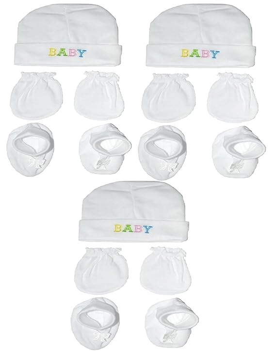 New Born Baby Cotton Caps Booties Mittens Combo Set