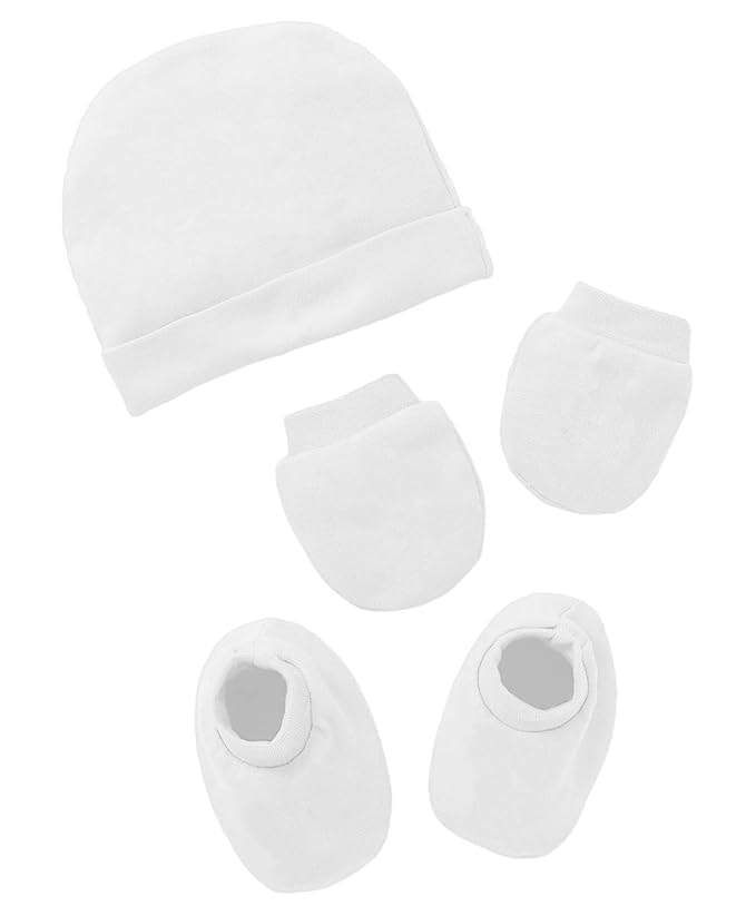 New Born Baby Cotton Caps Booties Mittens Combo Set (White,0-3 Months)