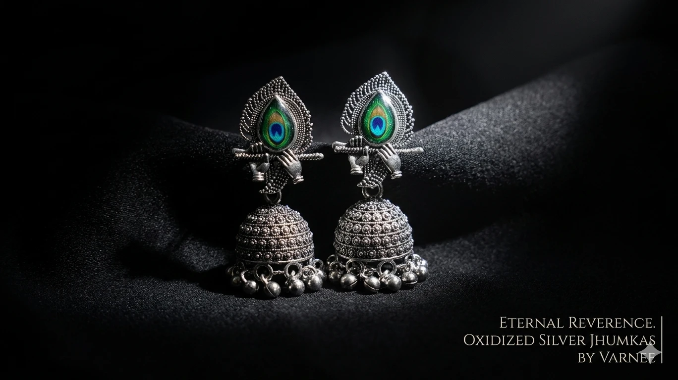 Shariya Essential Beauty: Oxidized Silver Jhumkas with Peacock Feather and Bansuri Design (Ethnic Wear)