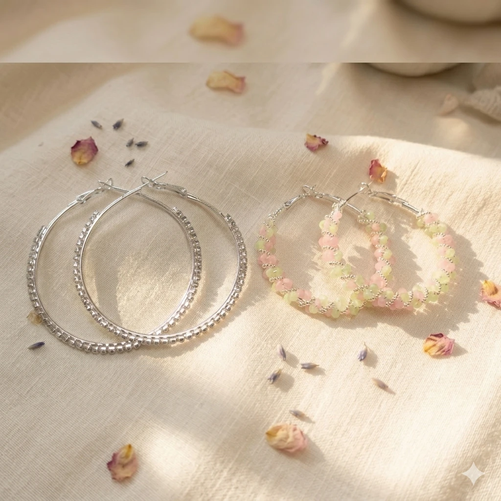 Stylish Combo Silver Hoop Earrings Set for Women & Girls | Crystal Studded Big Hoop + Pastel Beaded Hoop Earrings Combo | Trendy Fashion Jewelry Daily Wear Party Wear Earrings